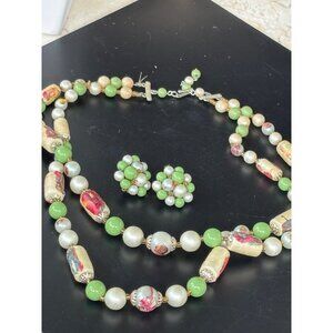 Vintage Green & Pearl Beaded Necklace & Clip-On Earrings Set With Hand-Painted D